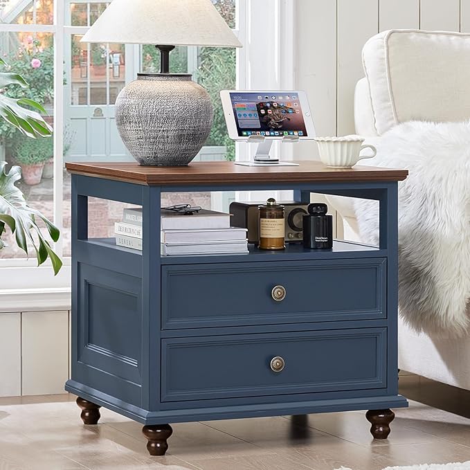 24" Wide Farmhouse Nightstand with Charging Station Set of 2, 37" Tall Rustic Chests of Drawers w/ 4 Solid Wood Feet, Farmhouse Furniture Series for Living Room,Bedroom,DarkBlue