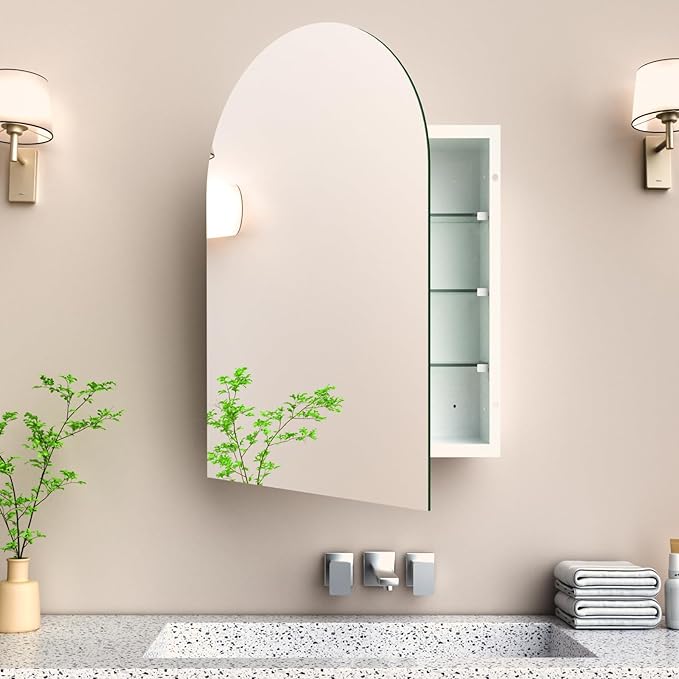 20x30 Inch Arched Medicine Cabinet with Mirror,Recessed Or Surface Mount for Bathroom Bedroom with Storage, Arched Frameless Medicine Cabinet