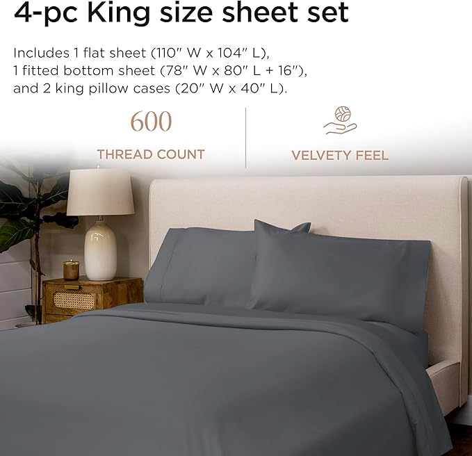 Threadmill 100% Cotton Sheets for King Size Bed - 600 Thread Count King Bed Sheets Set with 16” Deep Pocket - Sateen Weave 4-Piece Bedding Set with Cooling Effect, Dark Grey