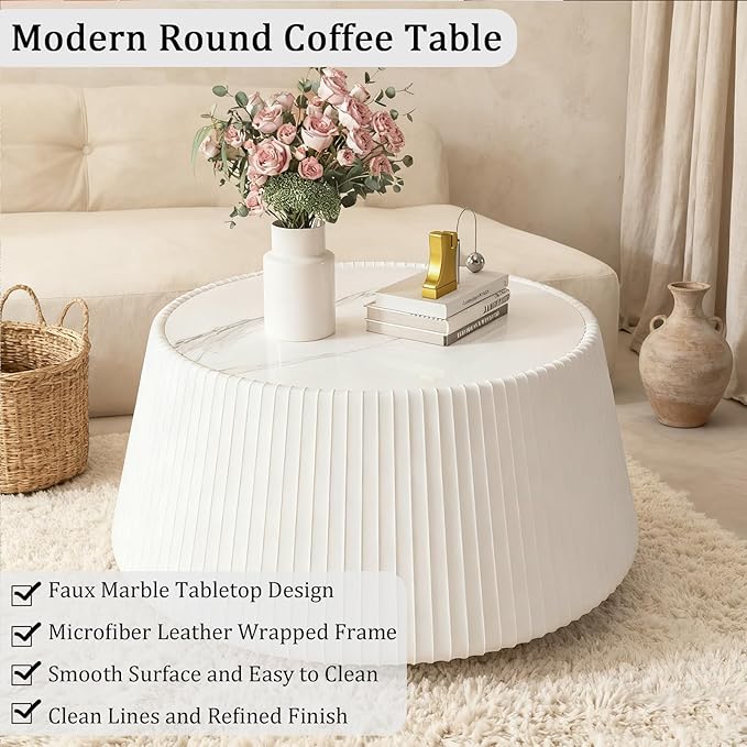 White Round Coffee Table with Sintered Stone Tabletop, 26.77" Drum Coffee Table with Fluted PU Leather Covered and Stable Base, Circle Cocktail Tea Table for Living Room