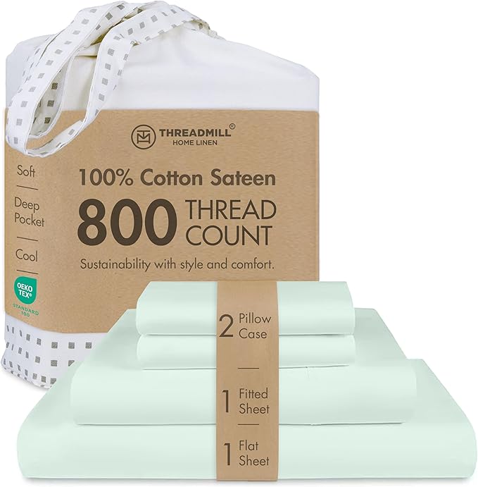 Threadmill Queen Sheet Set | 800 Thread Count Queen Bed Sheets for Queen Mattress with 16” Deep Pocket | Sateen Weave, Better Than Egyptian Cotton, 4-Piece Bedding Set with Cooling Effect | Seaglass