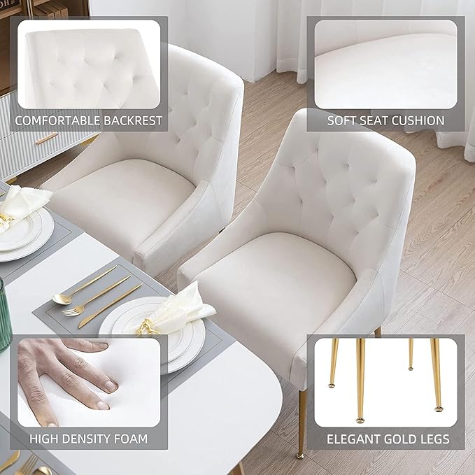 Modern Dining Chairs Set of 4, Mid Century Chairs with 5.12” Cushions and Golden Legs, Velvet Upholstered Dining Chairs with Back Pull Rod, for Kitchen, Living Room (Beige)