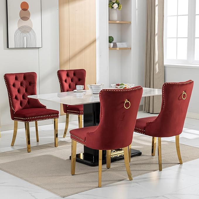 Luxury Upholstered Dining Chairs Set of 8, Red Kitchen Chair with Golden Metal Legs, Velvet Tufted Back Dining Chair, Sillas de Comedor, Modern Kitchen & Dining Room Chairs (Burgundy, 8 Pcs)