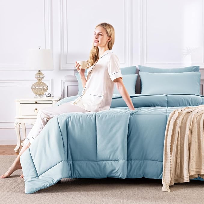CozyLux King Size Comforter Set Light Blue, 7 Pieces Bed in a Bag, Blue Comforter King Size, All Season Bedding Sets with Stitch Quilted Comforter, Flat Sheet, Fitted Sheet, Pillowcases
