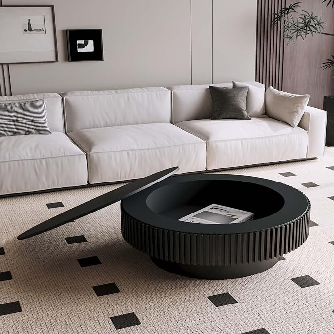 39'' Large Round Coffee Table with Storage, Fluted Coffee Table with Solid Wood Veneered, Mid Century Modern Wooden Center Table, Accent Tea Table for Living Room Apartment, Black