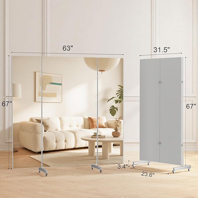 brisafe 67"x63" Folding Mirror with Wheels, 3-Panel Full Length Wall Mirror, Space-Saving Design, Shatterproof Nano Material, Portable Floor Mirror for Gym, Dance Studio, Home, Commercial Use, White