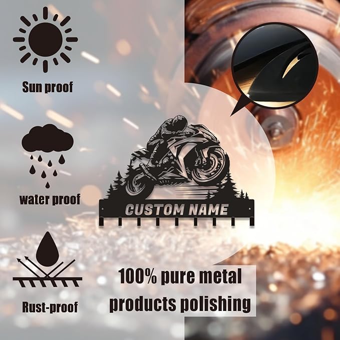 Personalized Motorcycle Metal Key Holder, Custom Last Name Metal Wall Sign, Hanging Storage Rack for Garage and Home Decor (Style-4)