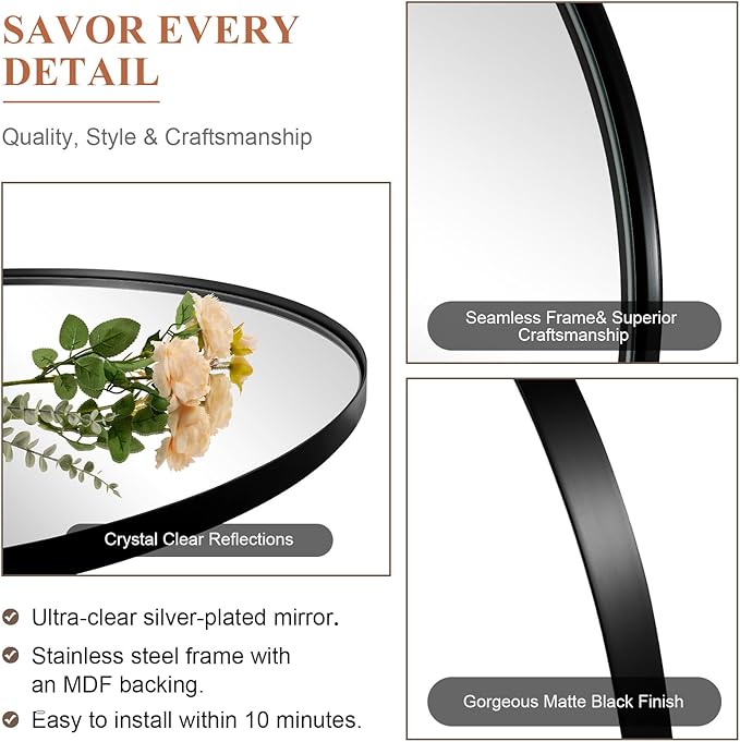 ANDY STAR Arched Mirror, Black Bathroom Mirror in Stainless Steel Metal Frame, Arch Top Rounded Corner 1 Inch Deep Set Design Wall Mount Hangs Vertical