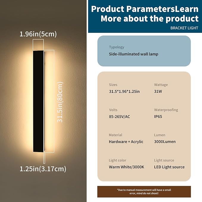 2 Pack 31.4inch Modern Exterior Wall Lights, 3000K Warm White, Outdoor Wall Mount Linear Sconces, 31W, IP65 Waterproof Minimalist Strip Led Lighting for House, Porch, Garage, Garden