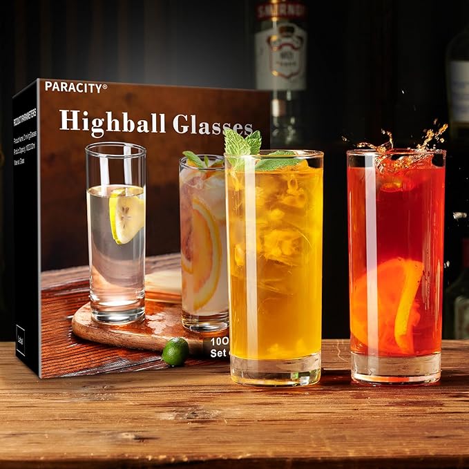 PARACITY Highball Glasses Set of 2, Drinking Glasses 10 Oz, Clear Glass Cups, Tall Tumbler Water Glasses, Glassware Set for Cocktail, Coffee, Mojitos