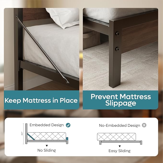 Bestier Full Bed Frame with Headboard Storage and Charging Station, Walnut Platform Bed Frame with LED Light, Non-Slip Metal Bed Frame Full Size, Noise-Free, Easy Assembly, Walnut