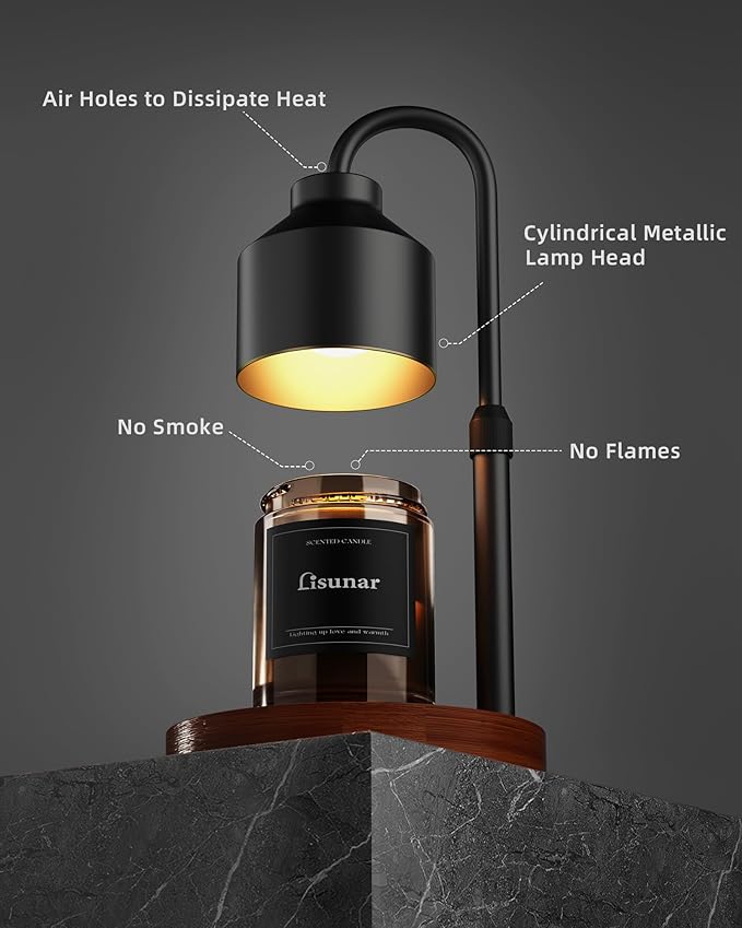Electric Candle Warmer Lamp Black, Candle Lamp Warmer with Timer, Wax Warmer Lamp for Jar Candles, Adjustable Height Candle Light Warmer with 2 Bulbs
