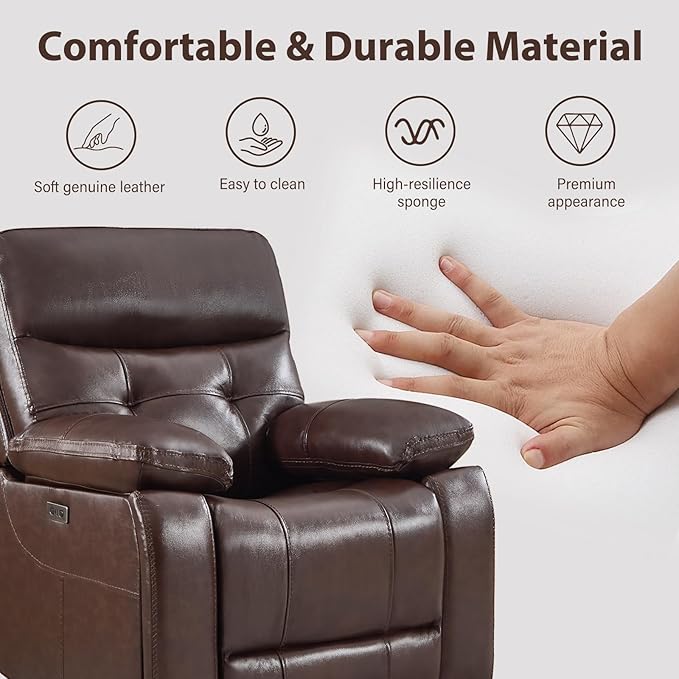 CANMOV Genuine Leather Power Recliner Loveseat, 2 Seat Loveseat Reclining Sofa with Storage Console,Hidden Cup Holders,Modern Electric Recliner Couch Set for Living Room, Bedroom,Dark Brown