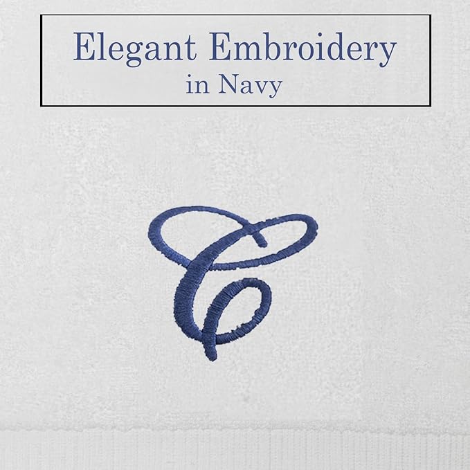 White Monogrammed Hand Towels for Bathroom - Luxury Hotel Quality Personalized Initial Embroidered Towel for Powder Room, Spa - GOTS Organic Certified - Set of 2 Navy Letter C