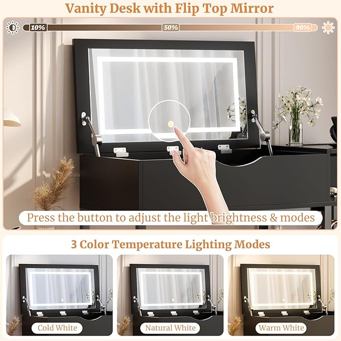 Cyclysio Vanity Desk with Flip Top Mirror and Lights, Makeup Vanity Desk with Drawers, Dressing Table with Storage Shelves & Charging Station, Small Vanity for Small Spaces, Black