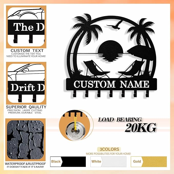Personalized Beach Key Holder Wall Mount, Custom Metal Keys Hanger for Wall with Name, Custom Key Rack Holder with Hooks for Home, Entryway, Front Door, Living Room, Kitchen, Bathroom