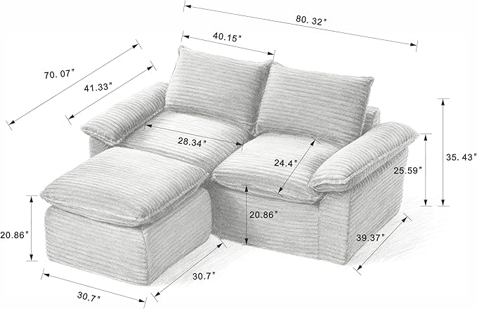80" Cloud Sectional Couch with L-Shaped Chaise, Corduroy Sectional Sofa with Ottoman, Boneless Couch with Deep Seat in a Box for Living Room, No Assembly Required (White)