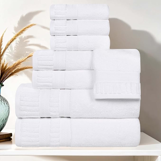 Superior Venice Zero Twist Cotton Medium Weight Towels, for Guest Bath, Bathroom, Shower, Spa, Plush Towels, Bath Essentials, Ribbed Textured Border, 8 Piece Assorted Towel Set, White