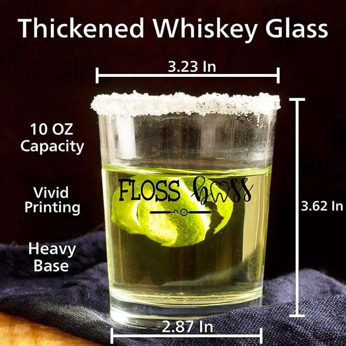 Dentist Gifts Whiskey Glasses 10 oz, Dental Hygienist Assistant Gifts, Floss Boss Dental Old Fashioned Rocks Glasses Cup for Women Men Drinking Scotch Bourbon Liquor