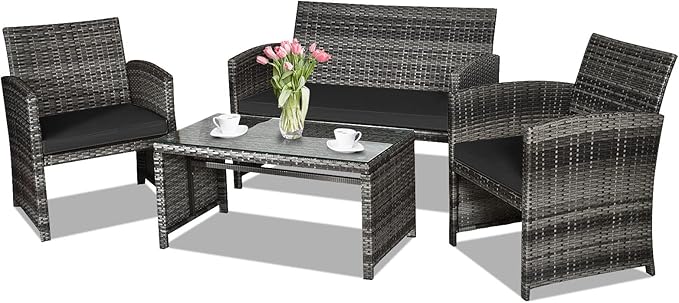 Goplus 4-Piece Rattan Patio Furniture Set, Outdoor Wicker Conversation Sofa with Weather Resistant Cushions and Tempered Glass Tabletop for Lawn Backyard Pool Garden (Black)