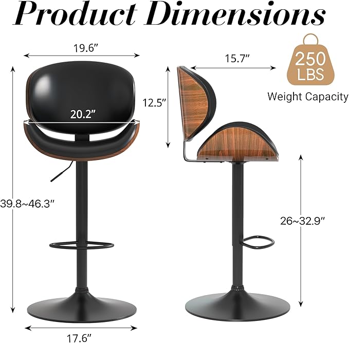 Adjustable Swivel Bar Stools Set of 2, Modern Bentwood Barstool with Large Metal Base and Footrest, PU Leather Upholstered Bar Chair with Curved Back for Kitchen Island Dining Room, Black