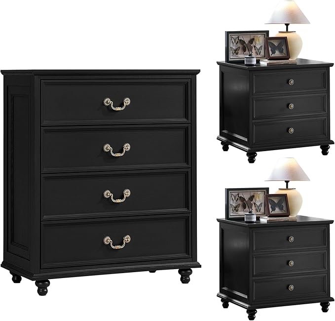 24" Wide Farmhouse Nightstand Set of 2, 54" 7 Drawers Dresser, 37" Tall Rustic Chests of Drawers w/ 4 Solid Wood Feet, Farmhouse Furniture Series for Living Room,Bedroom,Black