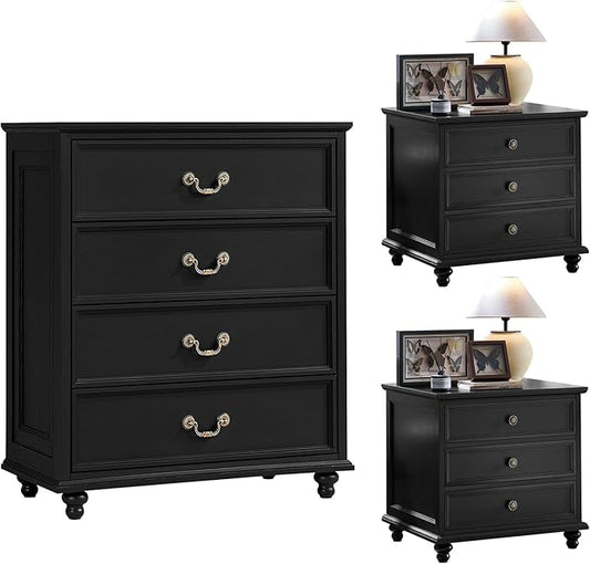 24" Wide Farmhouse Nightstand Set of 2, 37" Tall Rustic Chests of Drawers w/ 4 Solid Wood Feet, Farmhouse Furniture Series for Living Room,Bedroom,Black