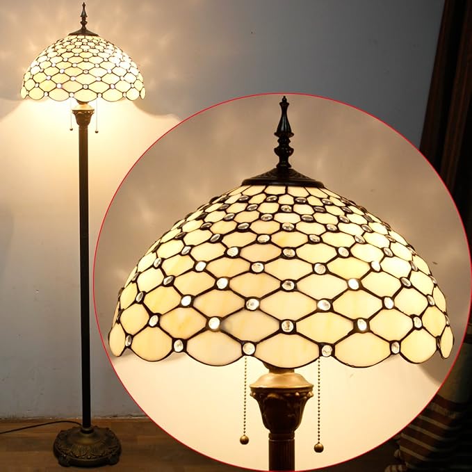 WERFACTORY Tiffany Floor Lamp Cream Amber Stained Glass Bead Standing Reading Light 16X16X64 Inches Antique Pole Corner Lamp Decor Bedroom Living Room Home Office S005 Series