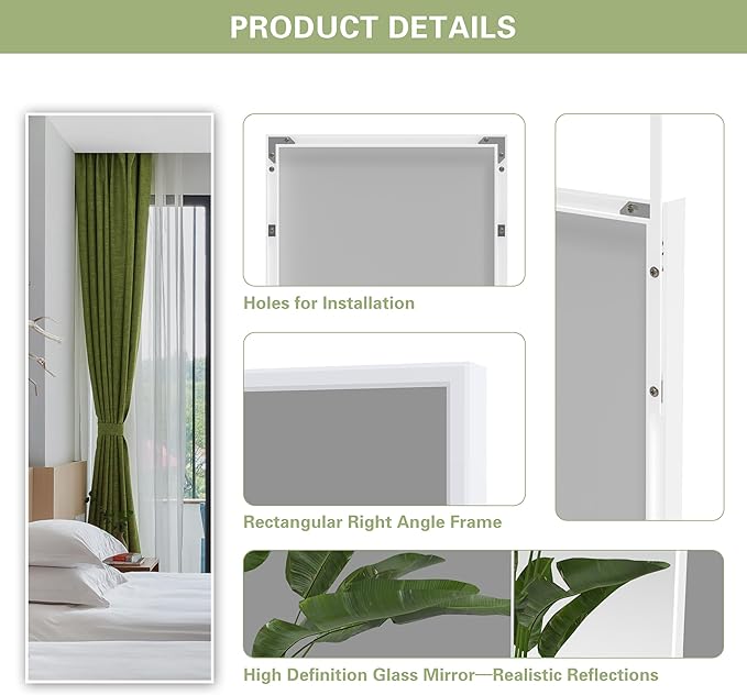 ANYHI Over The Door Mirror, 42"x14" Full Length Mirror for Wall Mirror, 2 Hooks, Aluminum Frame, for Bedromm Bathroom, White
