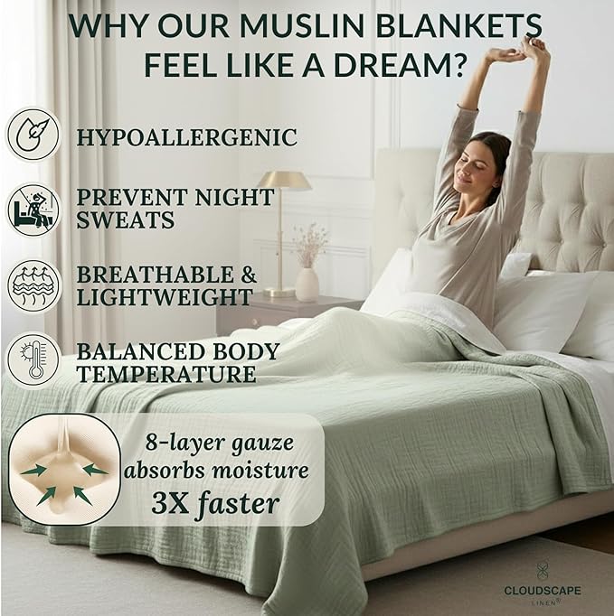 Cloud Scape Linen 8-Layer Muslin Blanket King Size for Adult - 100% Cotton, Breathable and Soft, Perfect Winter Cozy Blanket, Fits up to California King Bed, 92x108, Sage Green