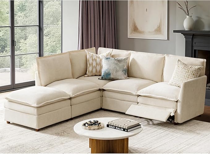 HULALA HOME 98'' Power Recliner Sofa with Dual-Layered Cushions, Oversized Modular Sectional Sofa L Shaped Couch with Storage Ottoman, 4 Seater Cloud Couch for Living Room, Beige