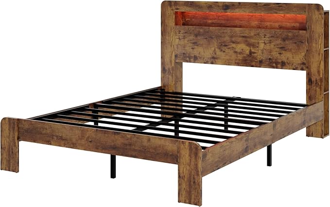 Wood Queen Size Bed Frame with Headboard, Farmhouse Platform Bed Frame with Bookcase Shelf,LED Lights,Charging Station,Heavy Duty Supports,No Box Spring Needed,Dark Brown
