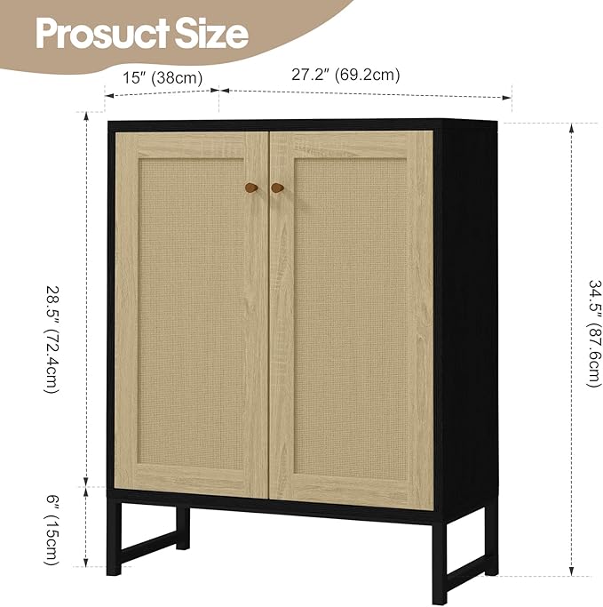Panana Rattan Decorated 2 Doors Storage Cabinet Accent Cabinet Living Room Cupboard Kitchen Sideboard Buffet Table (Black)