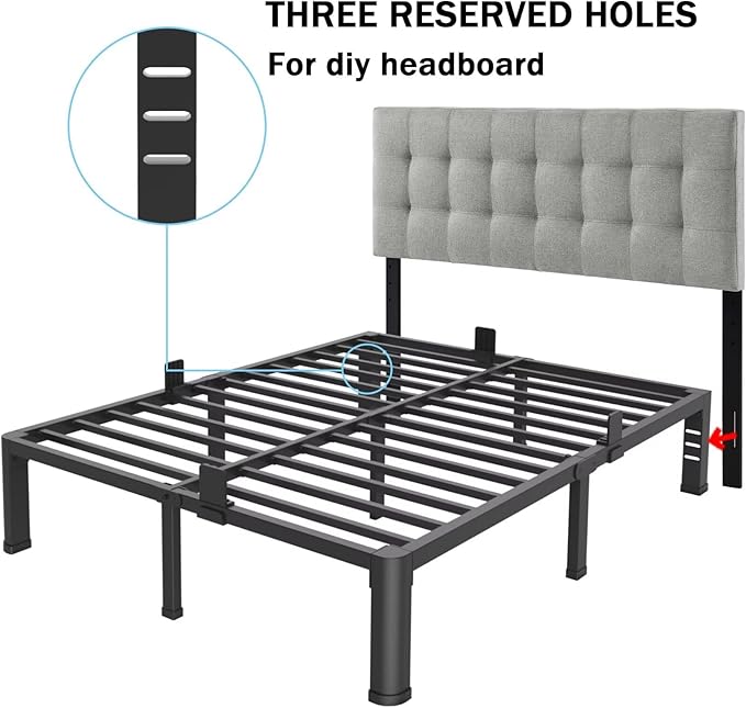 18 Inch California King Bed Frame with Rounded Corner and Headboard Hole Mattress Retainers 3500 LBS Metal Heavy Duty Steel Slats Support No Box Spring Needed Platform Noise Free Easy Assembly