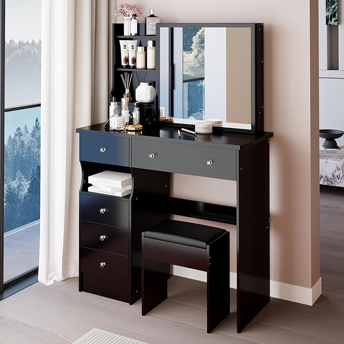 KEIKI Vanity Desk with Sliding Mirror & Cushioned Stool, 37'' Makeup Dressing Table Set for Bedrooms, Dorms, Apartments, Black