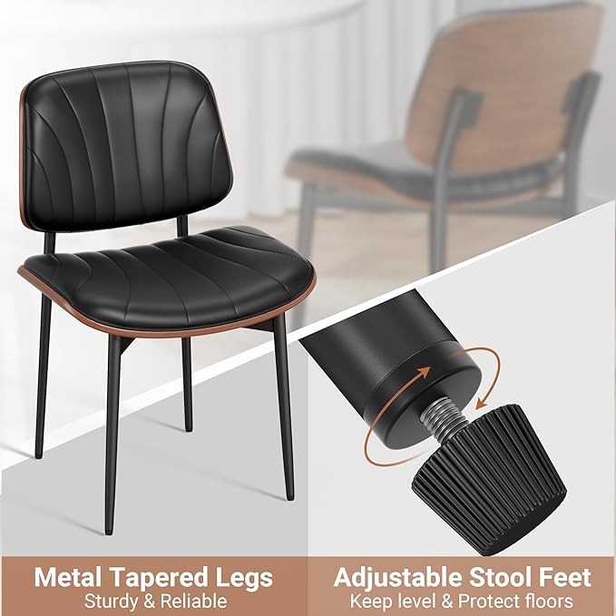 Dining Chairs Set of 8, Mid-Century Modern Upholstered PU Leather Chairs with Walnut Bentwood Back and Metal Legs Adjustable Feet for Kitchen Dining Room, Black Shell Strips