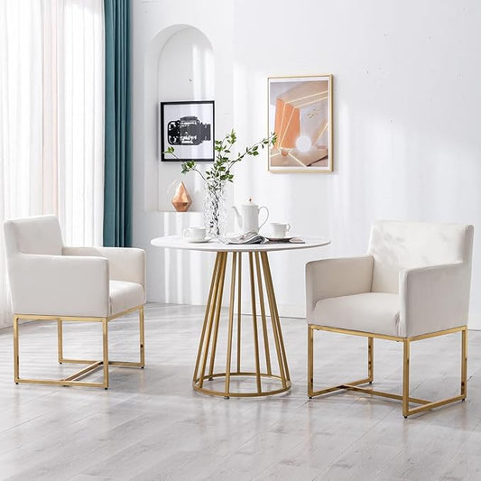 Upholstered Dining Chairs with Arms Set of 2 Mid Century Modern Accent Chairs Armchairs with Gold Metal Frame, Velvet Modern Kitchen & Dining Room Chairs, Cream