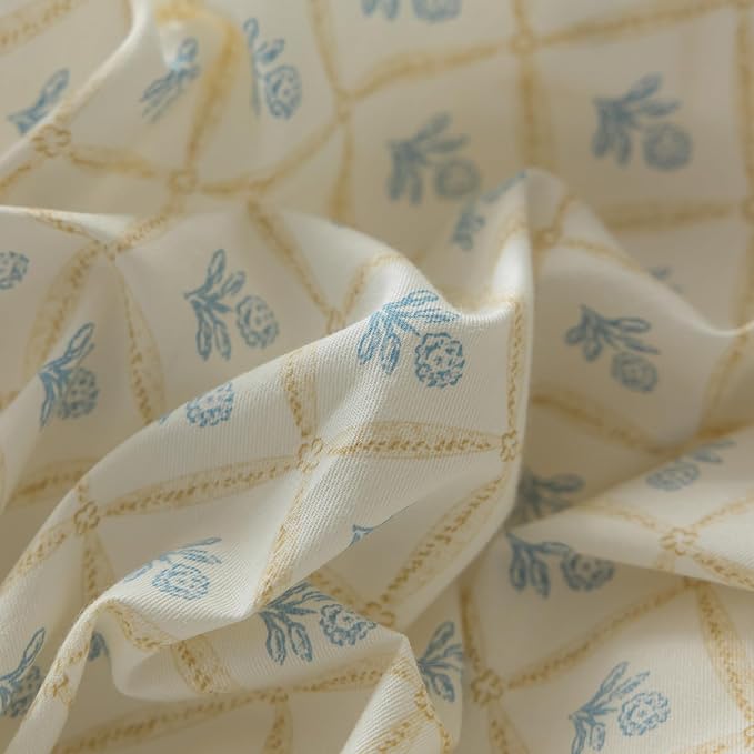 Blue Floral Duvet Cover King Soft Cotton Garden Style Floral Bedding Comforter Cover Plaid Grid Design Vintage Blue Flower Duvet Cover with 2 Bowknot Pillowcases Botanical Cottagecore Bedding Set