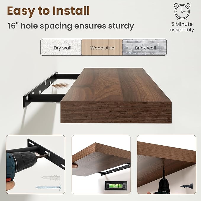30 Inch Floating Shelves for Wall, 8 Inch Deep Floating Shelf for Storage & Display, Rustic Wall Mounted Shelf with Invisible Brackets for Living Room, Kitchen, Bathroom, Home Decor, Set of 2, Walnut