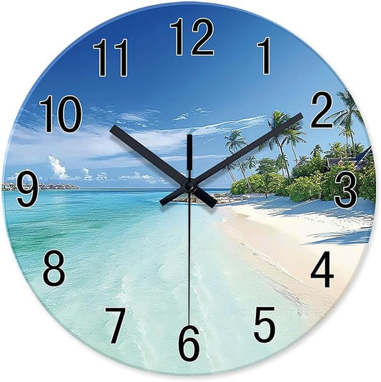 XFM Big Wall Clock Battery Operated Beach Coastal Wall Clocks 16 Inch Silent Non-Ticking Tropical Seascape Glass Wall Clock for Living Room Bedroom Kitchen Decor