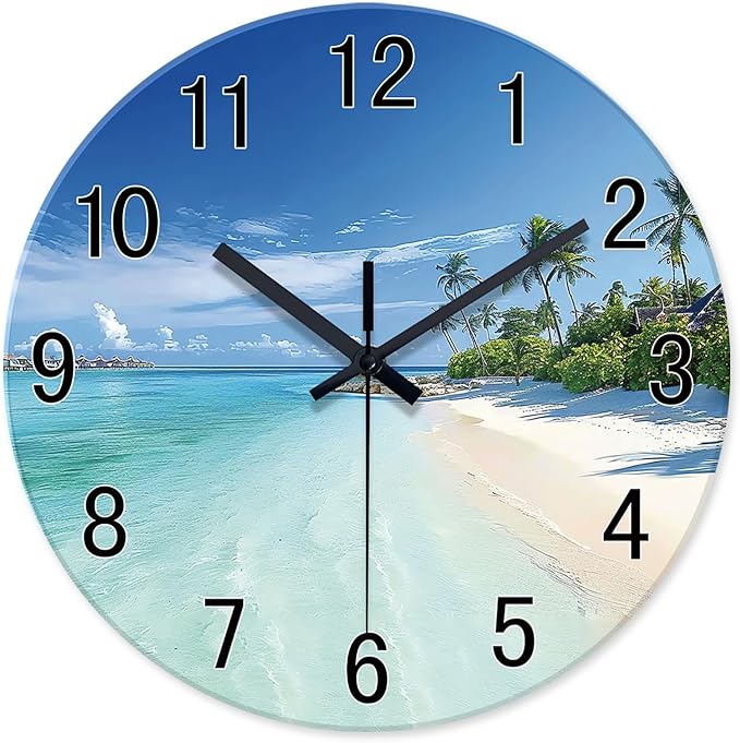 XFM Large Wall Clock Battery Operated Beach Coastal Wall Clocks 24 Inch Silent Non-Ticking Tropical Seascape Glass Wall Clock for Living Room Bedroom Kitchen Decor
