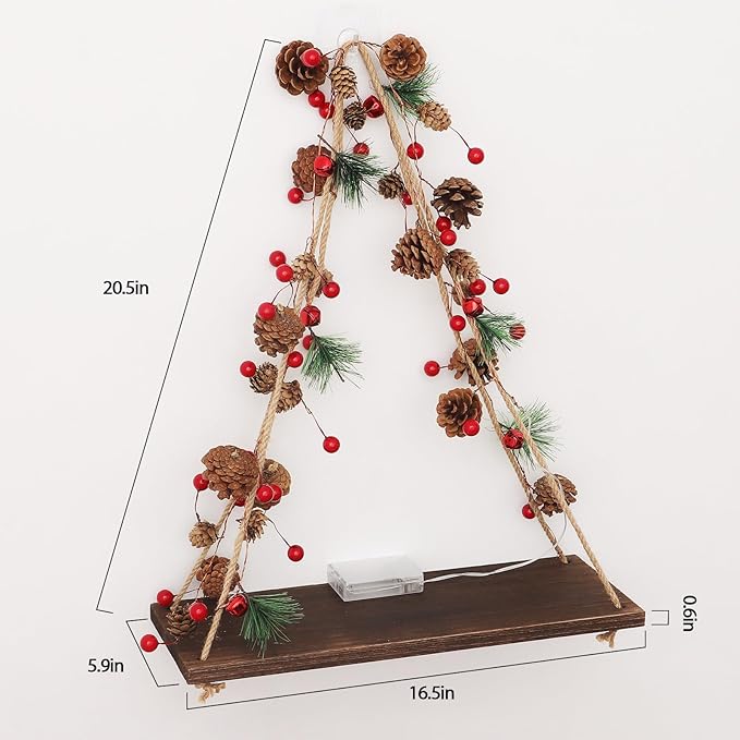 Floating Shelves for Wall, Hanging Shelves with Christmas Pinecone & Bell LED String Light, No Drilling Hanging Shelf, Wood Hanging Plant Shelves for Wall Décor, Boho Decor, Art Bedroom