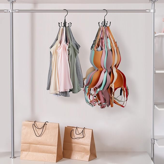 ZEDODIER Tank Top Hanger, 2 Pack Rotatable Bra Organzier for Closet, Max 48 Storage Capacity Sport Bras Holder, Metal Space Saving Closet Organizers and Storage, Black