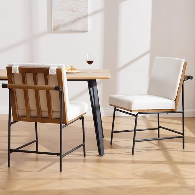 Modern Dining Chairs Set of 6, Comfy Sherpa Fabric Armless Upholstered Side Chairs with Wooden Backrest Black Metal Legs for Dining Room Living Room, White