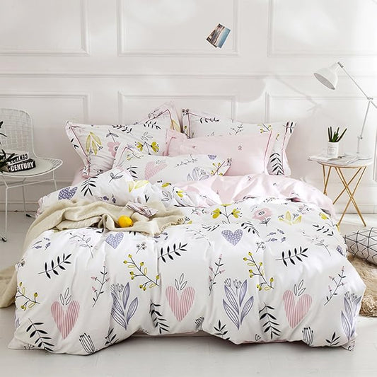 Girls Boho Floral Duvet Cover Twin Aesthetic Bedding Sets with 2 Pillowcases Pink Cotton Botanical Comforter