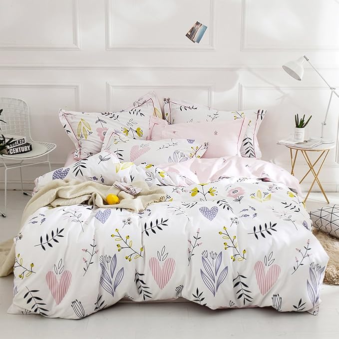 Girls Floral Duvet Cover King Boho White Pink Floral Bedding Sets Cotton Aesthetic Floral Comforter Cover Chic Flower Branches Bedding Sets Garden Style Pink Floral King Duvet Cover with 2 Pillowcases
