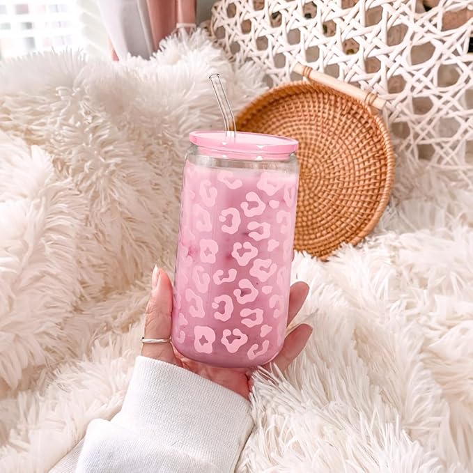 SANDJEST Leopard Glass Bottle, Pink Leopard Print Glass Cup with Lid & Straw, Iced Coffee Aesthetic Glass Can, Gifts for Women, Christmas Birthday Mother's Day