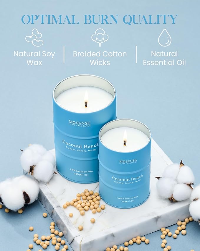M&SENSE Coconut Beach Scented Candles Beach Soy Candle, Summer Candle for Stress Relief Meditation Relaxing, Housewarming Gifts for Women Men, 11.3oz 70 Hour Long Burning