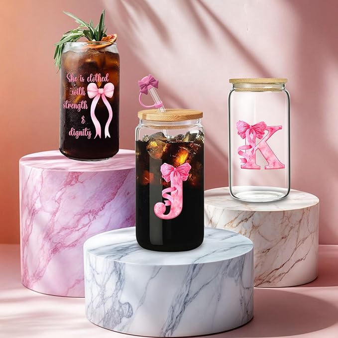 Aesthetic Gifts for Women, Initial J Tumbler 16oz Pink Glass Cup with Lid Straw - Cute Coffee Bar Accessories with Cleaning Brush & Gift Box (J)