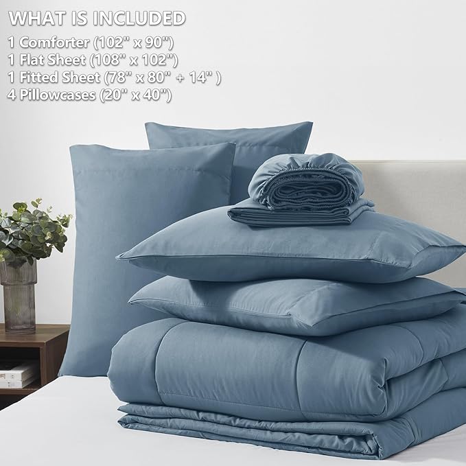 CozyLux King Size Comforter Set Mineral Blue, 7 Pieces Bed in a Bag, Blue Comforter King Size, All Season Bedding Sets with Stitch Quilted Comforter, Flat Sheet, Fitted Sheet, Pillowcases